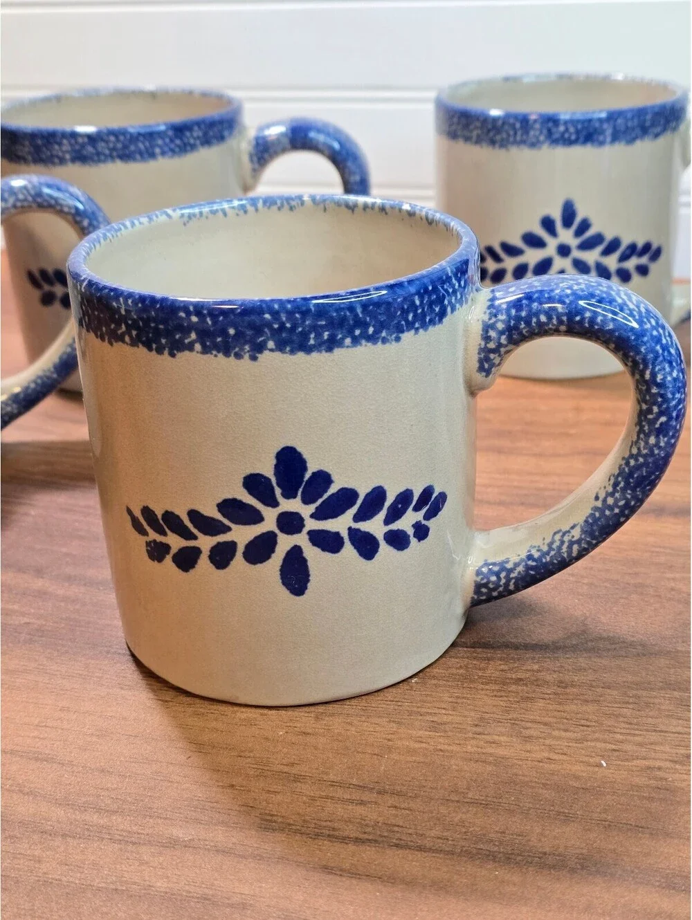 Set of 4 Vintage Loomco Spongeware Mugs Set Blue Folk Art HS China Coffee Cups